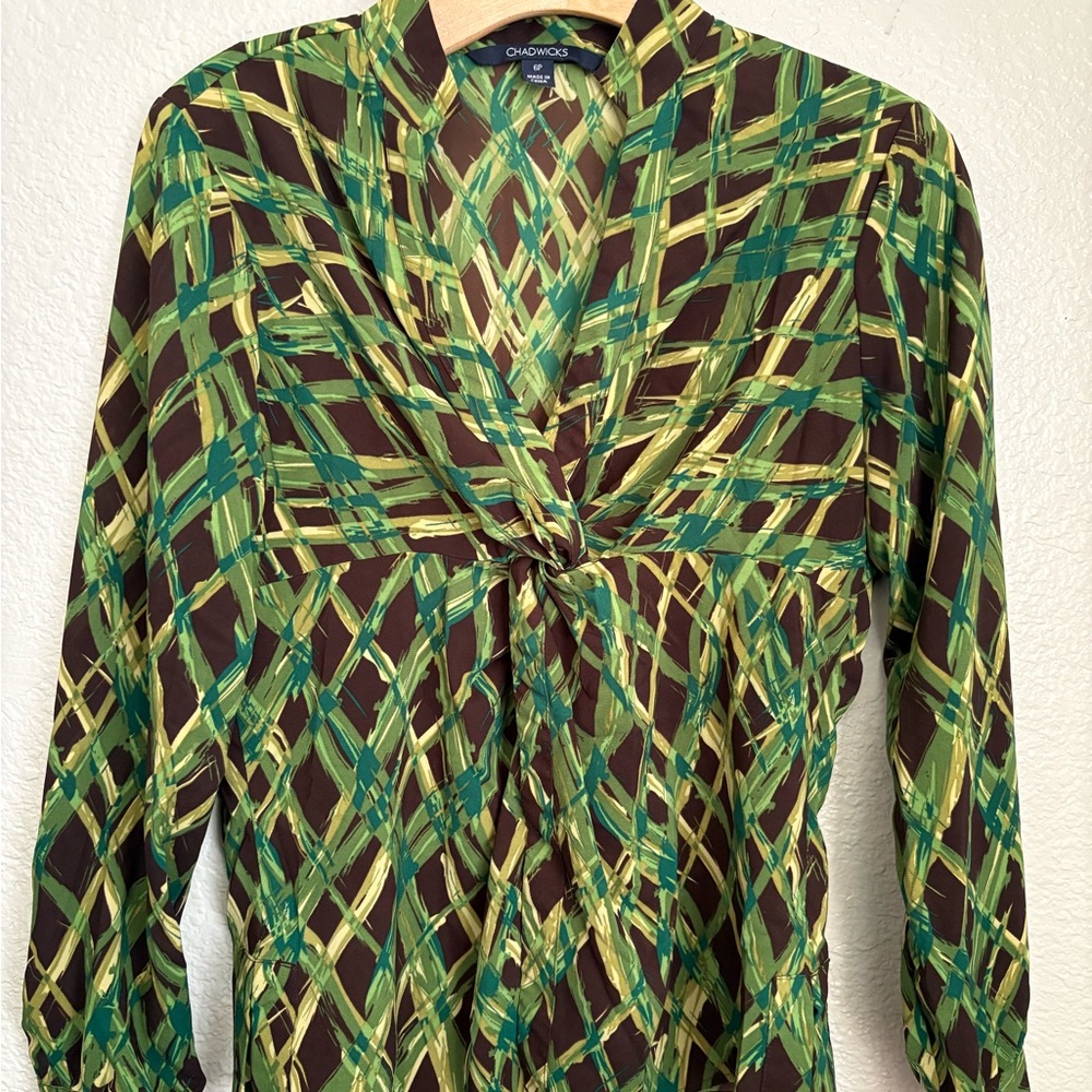 Chadwicks Abstract Print Wrap Blouse Green Brown